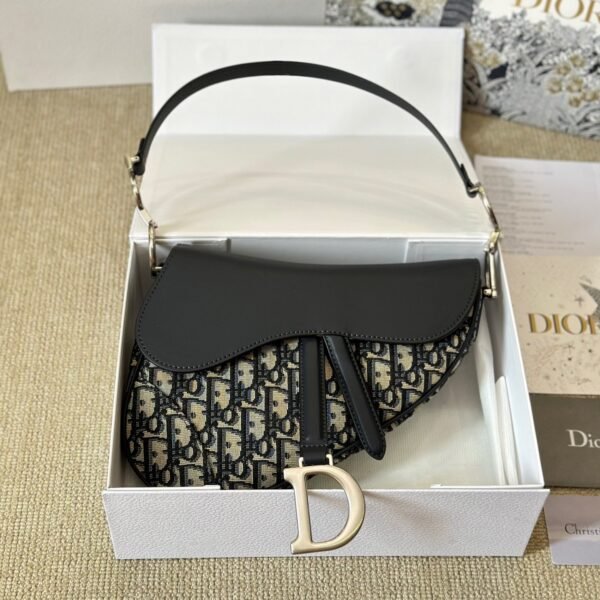 Saddle Bag with Strap Blue Dior Oblique Jacquard and Smooth Calfskin