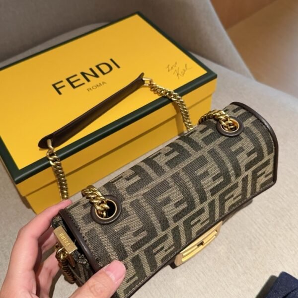Baguette Chain Midi,Brown FF jacquard fabric bag