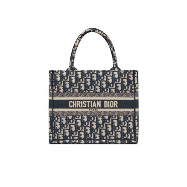 Small Dior Book Tote,Ecru and Blue Dior Oblique Embroidery,Gift:Silk scarf