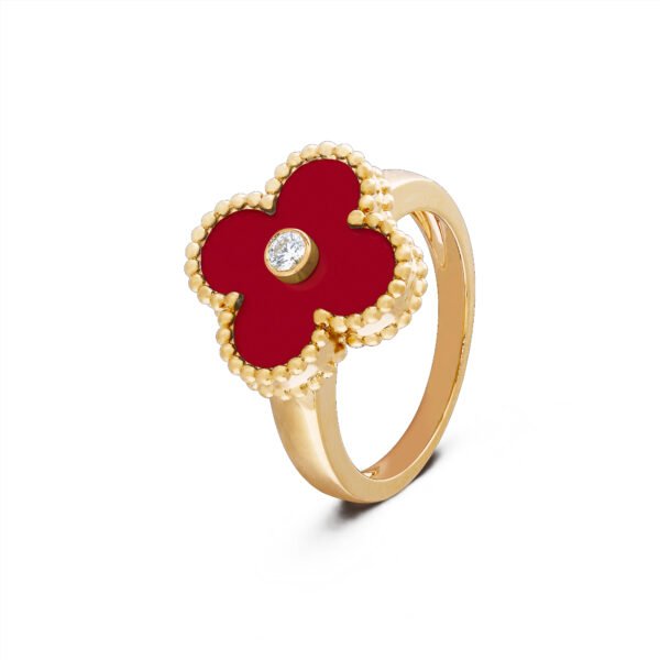 Vintage Clover Ring,Carnelian,Gold Plated,Artificial Diamond